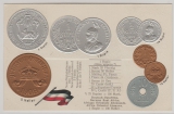 DOA, ca. 1910, Währungs- Postkarte mit Abbildung von DOA- Münzen mit Umrechnungstabelle, Prägedruck, ungebraucht