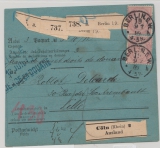 DR, 1889, Mi.- Nr.: 37 (2x) + 41 ZS (rs.) u.a. in MiF auf Auslandspaketkarte, für 3 Pakete von Berlin nach Lille (Fr.)