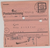 Postanweisung, 1945, von Heidenau nach Pirna, Ausgezahlt (=> das signalisieren die 2 Löcher!)