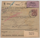 Krone + Adler, Mi.- Nr.: 50 (2x, vs. + rs.) als MeF, auf Auslands- Nachnahme- Paketkarte für ein Paket von Dessau nach Bern (CH)