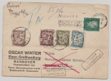 DR /Weimar, 1931, Mi.- Nr.: 412 + 4 versch. Franz. Nachportomarken, als MiF auf Postkarte von Hannover nach Mutzig und zurück