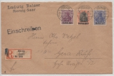 Saargebiet, 1921, Mi.- Nr.: 35, 36 + 39 in MiF auf Einschreiben- Fernbrief von Merzig nach Gera
