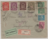 DR, Infla, 1923, Mi.- Nr.: 237, 263- 65, u.a., als MiF auf Luftpost- Einschreiben von Berlin nach Danzig, mit Flugbestätigungssstempel