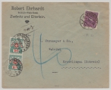 DR, Infla, 1922, Mi.- Nr.: 191 als EF (+ 2 Schweizer Nachportomarke) auf Auslandsbrief von Zwönitz nach Kreuzlingen (CH)
