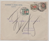 Italien, 1925, 1 Lira EF + Schweizer Nachportomarken auf Auslandsbrief von Capri nach Glarus (CH)