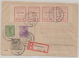 Strausberg, 1946, Mi.- Nr.: 34- 37 B im Viererstreifen, u.a. als MiF auf Einschreibenkarte von Strausberg nach Berlin