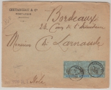 Mauritius, 1906, 15 Ct. (3x) in MeF, auf Auslandsbrief, via Schiffspost nach Bordeaux