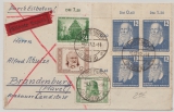 DDR, 1952, Mi.- Nr.: 317 im Er- 4er Block, u.a. auf Eilboten- Fernbrief von Fürstenberg / O nach Brandenburg / H