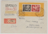 DDR, 1950, Bl. 7 auf Einschreiben- Fernbrief, mit 3 Debria- Stempeln, gelaufen von Leipzig nach Halle