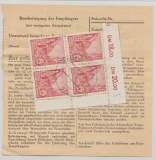 DDR, 1958, Mi.- Nr.: 455 (4 x, rs., im ER 4er- Block) in MeF auf Paketkarte, sehr seltene Verwendung!