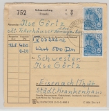 DDR, 1958, Mi.- Nr.: 457 (9 x, vs. + rs.) + 406 (8x rs.) in MiF auf Paketkarte, sehr seltene Verwendung!