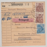 DDR, 1958, Mi.- Nr.: 457 (13 x, vs. + rs.) + 2x 458 in MiF auf Eil- Paketkarte, sehr seltene Verwendung!