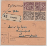 Bayern, 1920, Mi.- Nr.: D 21 + 24 (je 2x) als MiF auf Dienst- Paketkartenabschnitt (!) für ein Paket von Erlangen nach Darmstadt