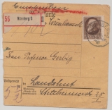 Bayern, 1918, Mi.- Nr.: 104 als EF auf Paketkartenabschnitt für ein Paket mit Einschreiben von Nürnberg nach Landshut