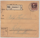 Bayern, 1920, Mi.- Nr.: 163 als EF auf Paketkartenabschnitt für ein Paket von Schweinfurt nach Reubessingen (?)