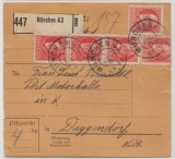 Bayern, 1916, Mi.- Nr.: 96 I (5x) als MeF auf Paketkartenabschnitt für ein Paket von München nach Deggendorf