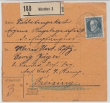 Bayern, 1916, Mi.- Nr.: 97 als EF auf Paketkartenabschnitt für ein Paket (Sonderporto?) von München nach Freising