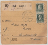 Bayern, 1918, Mi.- Nr.: 102 (2x) als MeF auf Paketkartenabschnitt für 2 Pakete von Augsburg nach Marktstedt