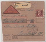 Bayern, 1919, Mi.- Nr.: 101 als EF auf Paketkartenabschnitt für ein Nachnahme- Paket von München nach Moosburg