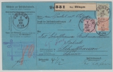 Württemberg, 1886, Mi.- Nrn.: D 45, 48 + 51 in MiF auf Auslandspaketkarte (!), für 1 Paket von Ebingen nach Schaffhausen (CH)