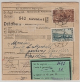 Saargebiet, 1931, Mi.- Nr.: 111 + 121, als MiF auf Auslandspaketkartenstammteil von Saarbrücken nach .... (Fr.)