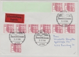 BRD, 1985, Mi.- Nrn.: 1028 (9x), (1x mit Rollenendstreifen), in MeF auf Eil- Fernbrief von Moers nach Duisburg