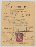 GB, 1958, 2 d. Postage- Revenue, mit Harrods- Überdruck (als Steuermarke?) auf Quittung, nettes Kuriosum!