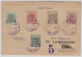 Polen, 1919, 5+ 5 F Überdr., (5Werte), 1. PWZ- Austellung Warschau, als MiF auf Fernpostkarte von Warschau nach Lodz