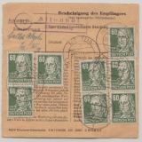 SBZ, Allgem. Ausgaben, 1951, Mi.- Nr.: 225 (12x, vs. + rs.) als MeF auf Paketkartenstammteil von Leisnig nach Parchim