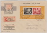 DDR, 1950, Mi.- Nr.: Bl. 7 u.a. in EF auf FDC- Einschreiben- Fernbrief von Leipzig nach Füsing, mit 2 div. DEBRIA-Stempeln