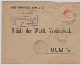 Rumänien, 1908, 50 Bani (mit Lochung) als Ef auf Auslands-Einschreiben von Bukarest nach Ulm