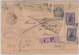 Österreich- Ungarn, 1908, 1 Kr. (3x, 2x vs. + 1x rs.) auf Auslands- Paketkarte für 3 Pakete von Kgl. Weinberge nach Basel (CH)