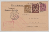 DR / Infla, 1923, Luftpost- Drucksachen- Privat- GS- Postkarte, mit ZS- Frankatur, von Bremen, via Berlin nach Leipzig
