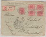 Finnland, 1900, 5 Pen. (2x rs.) + 10 Pen. (9x vs. + rs.) auf Auslandseinschreiben von Borga nach Darmstadt