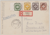 SBZ, Ost- Sachsen, 1945, Mi.- Nr.: 42A, 43BIIa, 45A + 47A, in MiF auf Einschreiben- Fernpostkarte von Freital nach Dresden
