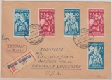 FRZ / Rheinland- Pf., 1949, Mi.- Nr.: 30 (2x) + 31 (3x), in MiF auf E.- Auslandsbrief von Wörrstadt nach New Jersey (USA)