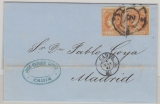 Spanien, 1861, 4 Cuartos (2x) als MeF auf Fernbrief von Cadiz nach Madrid