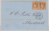 Spanien, 1861, 4 Cuartos (2x) als MeF auf Fernbrief von Cadiz nach Madrid