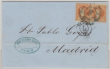 Spanien, 1861, 4 Cuartos (2x) als MeF auf Fernbrief von Cadiz nach Madrid