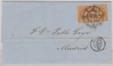 Spanien, 1860, 4 Cuartos (2x) als MeF auf Fernbrief von Cadiz nach Madrid