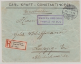 DAP, Türkei, 1914, Mi.- Nr.: 36 (3x) + 38 (2x) rs. als MiF auf Einschreiben- Fernbrief von Constantinopel nach Leipzig