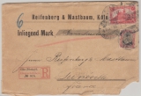 DR, Germania- Reichspost, 1901, Mi.- Nr.: 60 + 63 in MiF auf Wert- Einschreiben- Auslandsbrief, von Cöln nach Luneville (FR)