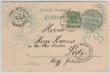 DR, Germania- Reichspost, 1900, 5 RPfg.- GS (Mi.- Nr.: 43) + Mi.- Nr.: 48 als Zusatz., auf Auslandskarte von Rochlitz nach Lodz (PL)
