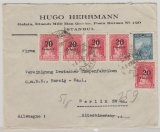 Türkei, ca. 1920- 30, 20 Paradir- Überdruckwert (5x) + 10 Grouchi in MiF auf Auslandsbrief von Istanbul nach Berlin