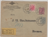 Österreich, 1905, 35 Heller- Privat- GS- Umschlag + 10 H. Zusatzfr., als Auslandseinschreiben, von Eipel nach Bremen