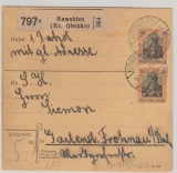 DR, Germania 1912, Mi.- Nr.: 88 I (2x) als MeF auf Paketkartenstammteil, für 1 Paket, von Kowahlen nach Frohnau / Berlin