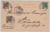 DOA, 1899, Mi.- Nr.: 6 (2x) + 7 als MiF auf Bildpostkarte (Dar-es-Salam) von Dar-es-Salam  nach Darmstadt