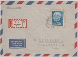 Saarland, 1959, Mi.- Nr.: 428, als EF (!) auf Auslands- Luftpost- Einschreiben von Blieskastel nach Calkutta (Indien)