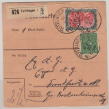 DR, Germania, 1922, Mi.- Nr.: 97 II u.a. als MiF auf Paketkartenstammteil für 1 Paket von Tuttlingen nach FF/M