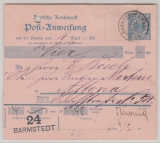 Krone + Adler, 1893, Postanweisungsstammteil, Mi.- Nr.: A8, verwendet für 1 Betrag von Barmstedt nach Altona